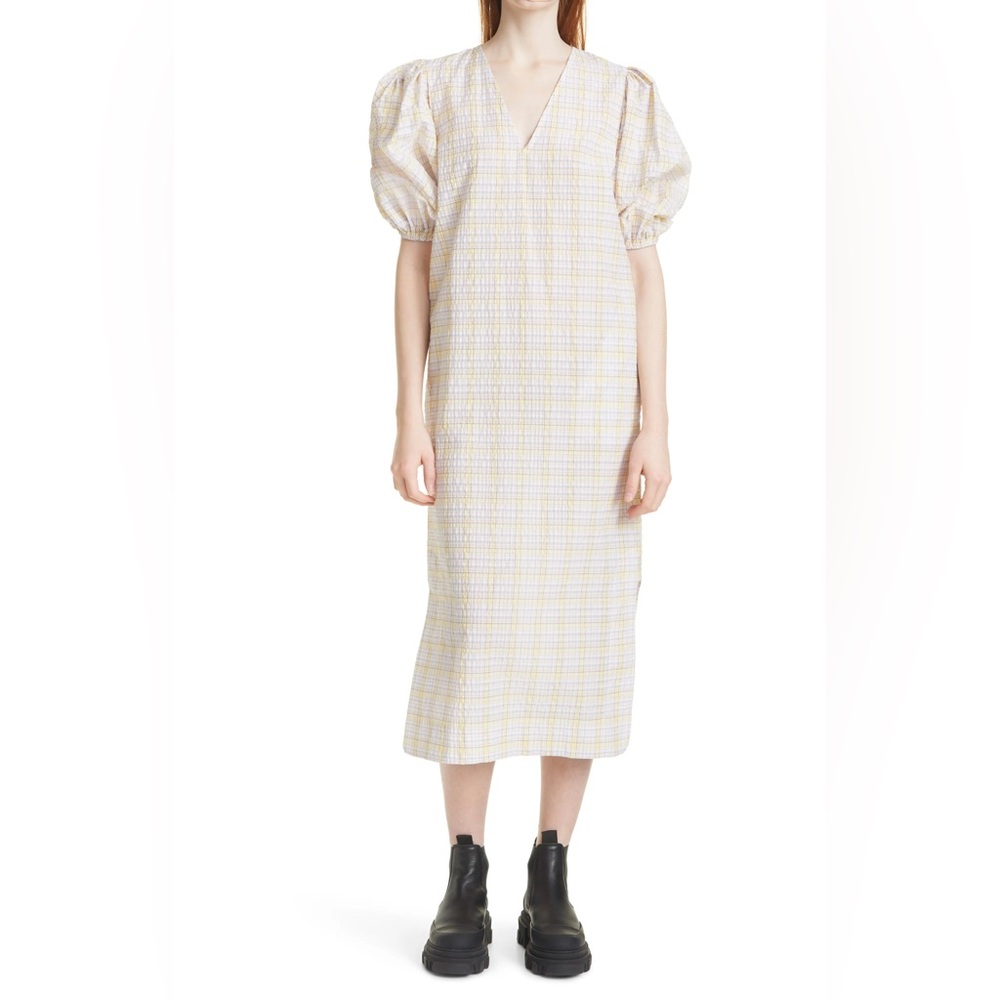 GANNI Sheath Dress with Puff Sleeves and V-Neck